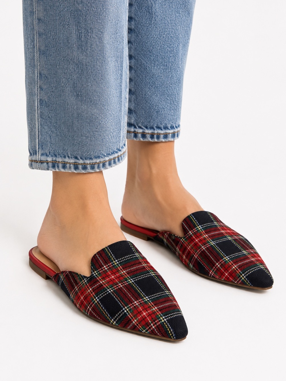 Bamboo Red Plaid Pointed Toe Mule Flats Size 6.5 BNIB